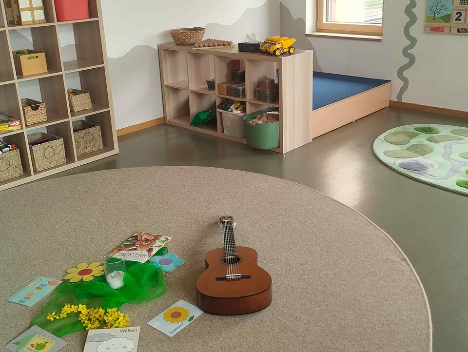 Eien Gitarre liegt neben Karten zu den Jahreszeiten auf einem Teppich